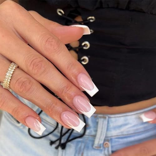 24pcs French Tip False Nails Medium Length Square Stick on Nails White Edge Nude Pink Press on Nail Removable Glue-on Acrylic Full Cover Fake Nail Art Accessories for Women