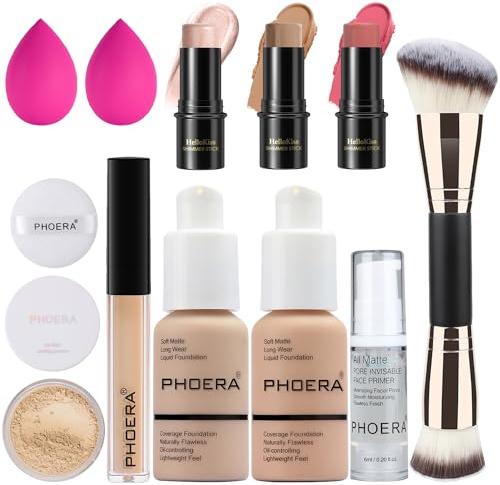 PHOERA Fondotinta coprente completo, set trucco PHOERA,correttore,con cipria, primer,3 Pezzi Contouring Viso Stick Con pennello (102+103+ Fair-Light Contour/Nude + Warm peach+#03,#09,#12)