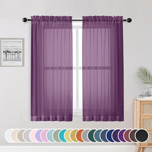 OWENIE Sheer Curtains 54 Inch Length 2 Panels Set, Plam Clear Sheer Short Curtains for Small Window, Light Filtering Clear Curtains Sheer, 2 Pcs 84 Width 54 Long, Plam