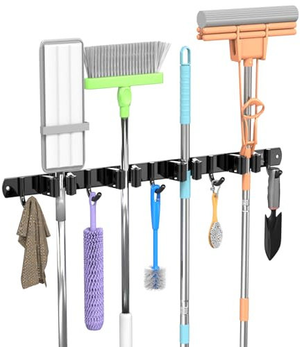 3-H Besenhalterung Wand, 2-in-1 Dual Montage (Stabile Schraubmontage oder wandschonend selbstklebend), Edelstahl Gerätehalter Wandhalterung für Badezimmer Garten Garage (4 Halter & 5 Haken, Schwarz)