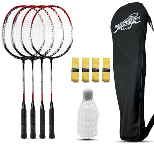 Magicorange badmintonracketar set med 4 för utomhusspel i bakgården, inklusive 4 racketar, 4 ersättningsgreppband och 1 bärväska (röd)