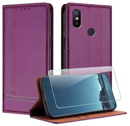 JayModCase Funda para Xiaomi mi 6X / A2 con Protector Pantalla, Flip Leather Ranura Tarjeta Magnético Wallet Carcasa con Cierre magnético Soporte Plegable para Xiaomi A2 - Púrpura