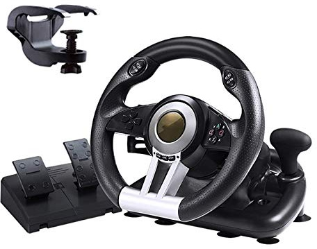 SilteD Volant de Course de Jeu, Volant de Course de compétition à 180° avec Port USB Universel et pédale, pour PC PS3 PS4 Xbox, Noir