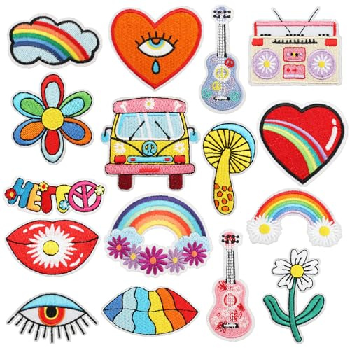 Qpout 16 Stück Psychedelische Hippie Aufbügelnde Patches bunte trippige Vintage bestickte Reparatur dekorative Patches Kit zum Aufnähen von Kleidung Rucksack Jacken Jeans Hüte Hemd DIY Handwerk