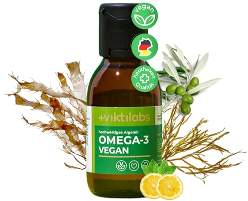 Viktilabs© - Omega 3 Algenöl vegan | Totox-Wert ≤ 5 | Hochdosierte Formel: Enthält 3,86 g Algenöl pro Tagesdosis mit 579 mg EPA und 1158 mg DHA | Ergänzt durch Vitamin D3 und Olivenöl | 1x Flasche