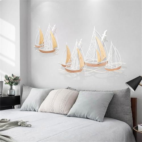 Wanddekoration, Metallsegelboot, 3D-Schiffs-Wandskulpturen, handgefertigt, Strandsegelboot, Deluxe-Set mit 2 Segelboot-Themen für Schule, Zuhause, Hotel, Wohnzimmer, Schlafzimmer