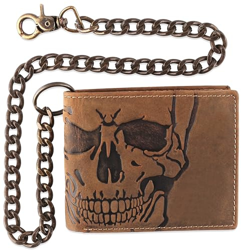 F&L CLASSIC RFID Blocking Mens bi-fold Style Cowhide Leather Steel Chain Wallet, brown skull,texas 100