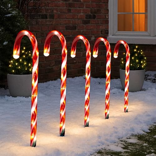 ADEPTNA Christmas Candy Cane LED Lights with Timer - Battery Powered Xmas Pathway & Driveway Decorations, Outdoor Holiday Garden & Patio Lights for Festive Decor (5 PK Warm White)