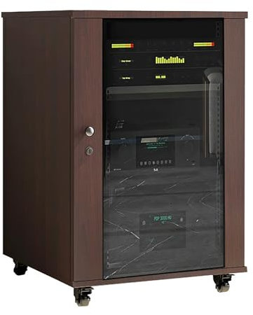 JIAOCKJIAO AV Stereoschrank, Beweglicher Audio Rack Hi Fi Regal, Audio Video Phonoschrank, Record Player Stand mit Verstellbaren Regalen, mit Glastür(Brown,56x57x83CM)