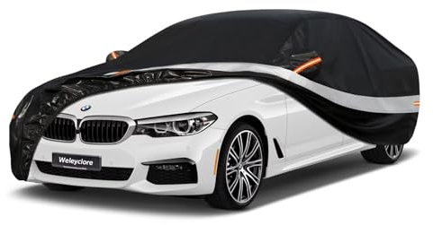 Weleyclore Car Cover Waterproof Breathable Large for Saloon,100% Waterproof Outdoor Car Covers Rain Snow UV Protection.Custom Fit for BMW 5 Series,Audi A6 A7,Jaguar XF,etc,Black B6