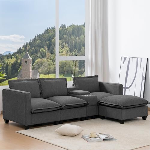 Gegtuon Couch Sofa 3 Sitzer Polstersofa mit USB-LED-Getränkehalter und Rückenlehne, Loungesofa Gepolsterte Modern mit Stauraum & Polsterhocker für Wohnzimmer Schlafzimmer Gästezimmer, Chenille (Grau)