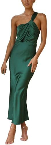 Cffvdiz Dam Ärmlös Satin Silk Klänningar Sexig Ena axeln Formell Cocktail Maxi Klänning Bröllopsgäst,Green,S