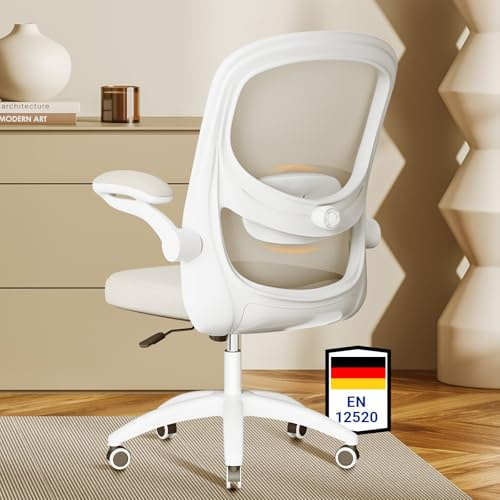 MELOKEA Schreibtischstuhl mit bionischer 4D-Lendenstütze und Klapparmlehnen | Bürostuhl Ergonomisch mit 100° hochklappbarer Armlehne, Office Chair Höhenverstellbar, Mesh Computerstuhl, Grau beige