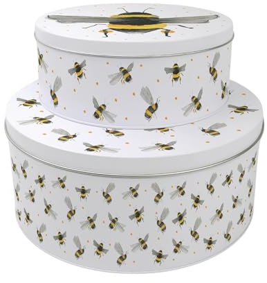 Purely Home Flying Bumblebees Set of 2 Cake Tins - Nesting Round Large & Medium Metal Storage Containers for Cakes and Baking - Homeware Gifts