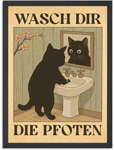 MoonWorks® Poster Bilder Badezimmer Katze Wasch dir die Pfoten Wand-Deko Bad WC lustige Sprüche Digitaldruck | DIN A5, A4, A3