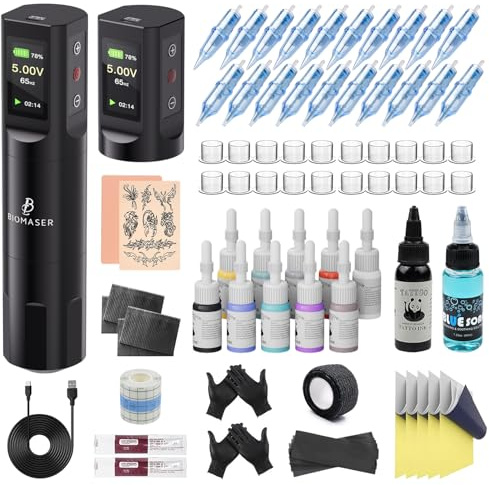 Biomaser Trådlöst maskinset trådlös roterande penna maskin set 2 st 1600 mAh batteri med 20 stycken nålar, 11 flaskor bläck för professionella nybörjare och konstnärer