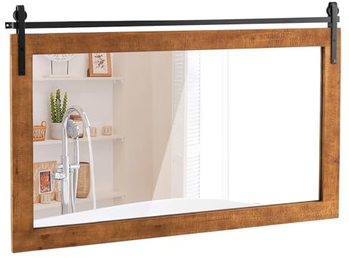 COSTWAY Miroir Mural Rectangulaire 100 X 66 CM, Cadre en Bois Massif, Style Porte de Grange, Support en Métal, Réflexion HD, Grand Miroir Mural Rustique pour Salon Chambre Entrée (Marron)