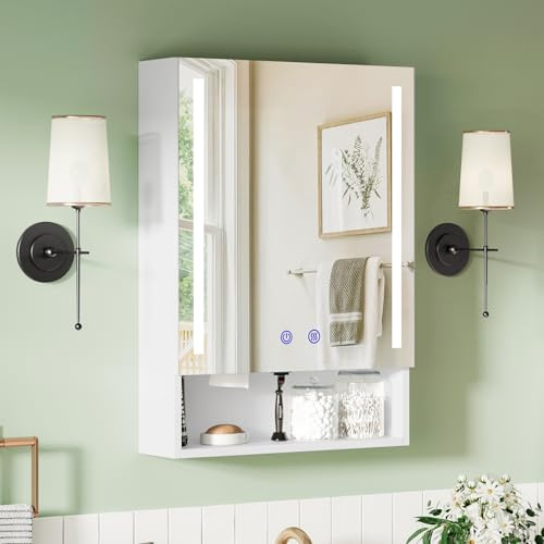 BELIWIN Bathroom Mirror Cabinet 500 x 700 mm With LED Lights, Touch Control, 3 Colour Dimmable Illuminated Mirror, Wall Mounted Bathroom Storage with Demister Pad