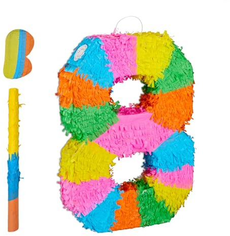 Relaxdays Pinata Zahl 8, Regenbogenpinata Geburtstag, HBT: 50,5 x 35,5 x 7,5 cm, Partypinata Kinder, zum Befüllen, bunt
