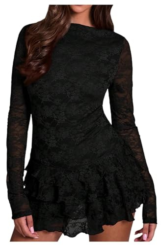 Verdusa Women's Floral Lace Wedding Guest Dresses Long Sleeve Layered Ruffle Mini Dress Date Night Outfit Black Small