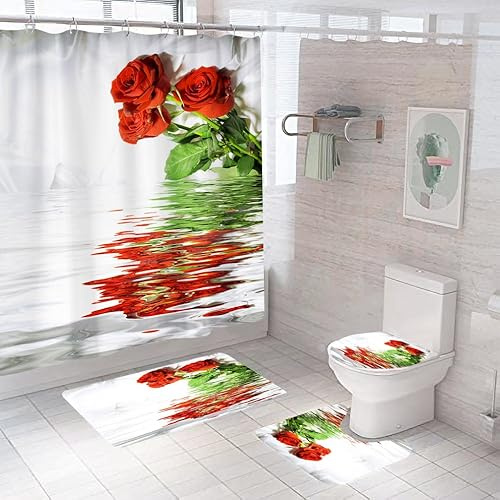 Badgarnitur 3 Teilig Badezimmerteppich Waschbar Badematte rutschfest,Wc Vorleger Mit Ausschnitt Und Badematte, Badvorleger Toilette Teppich 45X75Cm Rose