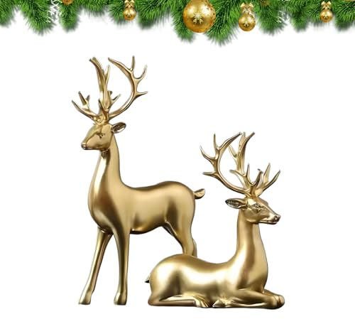 PEAMOO 2Pcs Reindeer Christmas Decorations,Christmas Reindeer Figurines, ordic European Style Table Craft, for Home, C-hristmas Deer Ornaments for Living Room, Bedroom, Bookshelf, Desktop (Gold)