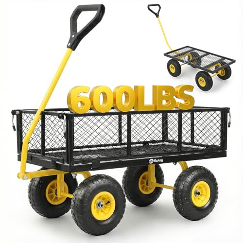 Sekey 600lbs Steel Mesh Garden Cart for Patio & Backyard, Utility Wagon with Removable Sides (Convertible Flatbed), 10 Rubber Tires, Black