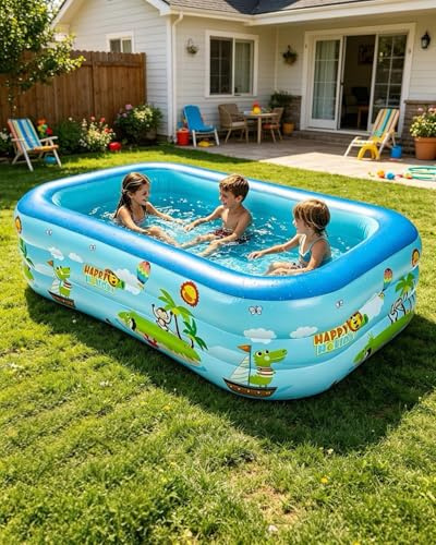 Kids Inflatable Swimming Pool, Large 2.1M Rectangular Paddling Pool with 3 Air Chambers, Anti-Slip Bubble Bottom, Easy Inflate & Store, Indoor & Outdoor Garden Fun with Repair Patch