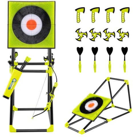 COSTWAY 4 in 1 Set di Arco e Frecce per Bambini | Set da Gioco con Asce da Lancio, Freccette , Freccia, Arco e Bersaglio, da Interno ed Esterno