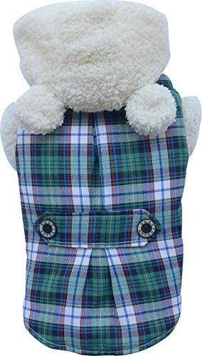 Doggy Dolly W153 hund demantel med fuskpäls huva, grön rutig Outdoor vintermantel/vinterjacka, Medium