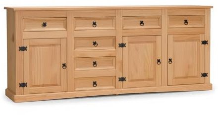 Dynamic24 Hacienda-Look – Sideboard New Mexiko 7+3 Anrichte Buffet Schrank Kommode Natur gelaugt – 200x84x44 cm – 7 Schublade(n) – Massive Kiefer – Farbe Natur – Hacienda-Stil – wärmender