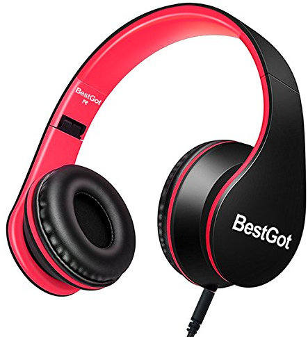 BESTGOT Kids Headphones for Kids Boys Over Ear Kids Headphones with Microphone in-line Volume Foldable Headphones with 3.5mm Plug Removable Cord (Black/Red)