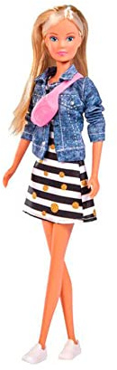 Simba 105733459 - Steffi Love Sneakers Love, Spielpuppe in einem modischen Kleid mit Jeansjacke, Bauchtasche und 3 Paar Speakern, 29cm, ab 3 Jahre