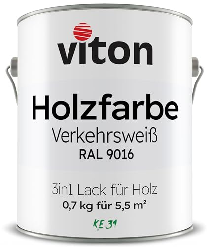 Viton Holzfarbe in Weiss - 0,7 Kg Holzlack Seidenmatt - Wetterschutzfarbe für Außen - 3in1 Grundierung & Deckfarbe - Profi-Holzschutzlack - KE31 - RAL 9016 Verkehrsweiss