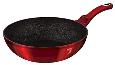 BERLINGER HAUS - Wok 30 cm, 3 strati di granit-marmo, manico ergonomico morbido al tatto con protezione gratuita, linea metallica, edizione bordeaux