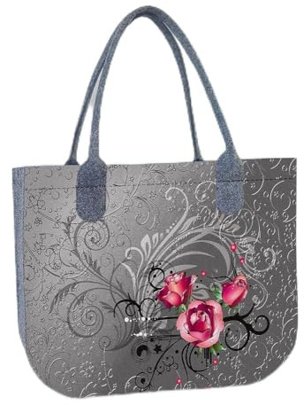 LA FIORE 24 Filz Tasche Einkaufstasche Shopper Henkeltasche Filigranes Rosen Motiv Gross XL