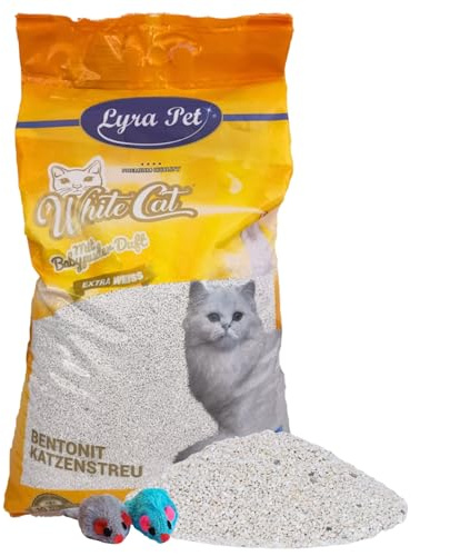 Lyra Pet® 15 Liter White Cat® Katzenstreu Bentonit + 2 Spielmäuse | Klumpstreu mit Babypuder Duft - 350 % Saugkraft - Naturprodukt - Stark Klumpend - Neutralisiert Gerüche - Staubarm