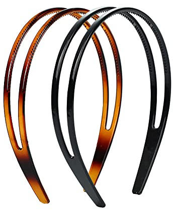 Nifocc Hartplastik Stirnband Zweireihig Stirnbänder mit Zähnen Hochwertige Haarreif für Frauen Damen - 2 Stk Schildpatt Schwarz