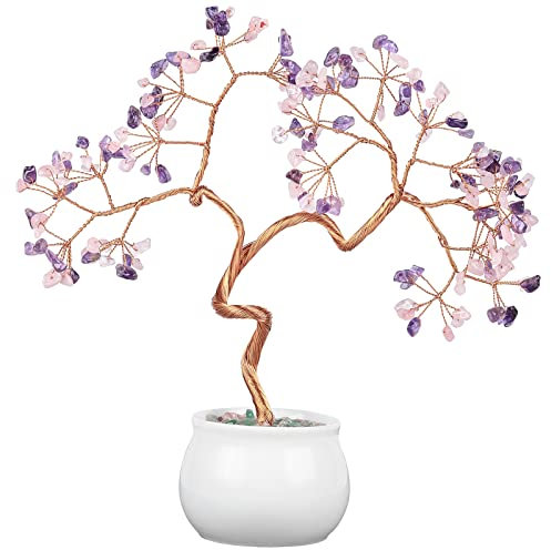 TUMBEELLUWA Reiki Crystal Bonsai Tree with Ceramic Bowl Base Fengshui Stone Money Tree with Quartz Garden Stand for Wealth and Good Luck , Amethyst & Rose Quartz