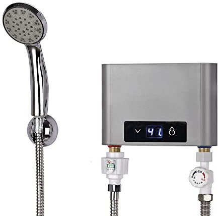 Calentador de agua eléctrico, 3500 W/5500 W, calentador de agua instantáneo, pequeño, sin depósito, indicador LED digital para cocina o baño (3,5 kW, enchufe europeo gris con cabezal de ducha)