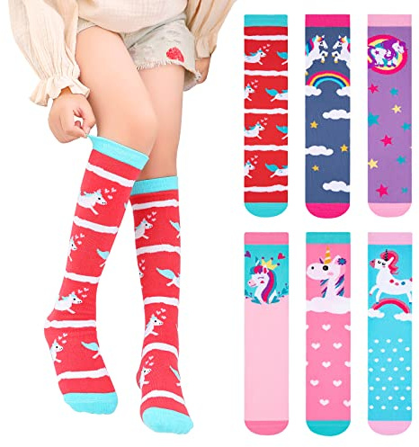 PHOGARY 6 Paar Kniestrümpfe für Mädchen, Niedliche Socken Bunte Socken Kinder, Warme Kniestrümpfe Kinder, Mittlere Wadenlänge, Lange Kniestrümpfe Mädchen von 3 bis 12 Jahren, Einheitsgröße