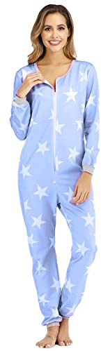 QIYUANT Pijama Una Pieza Mujer Estampado Pentagrama Suave Cremallera Pijamas Mono Entero Primavera Invierno Otoño Halloween Navidad Jumpsuit Onesie Ropa Interior de Casa Dormir (Azul, M)