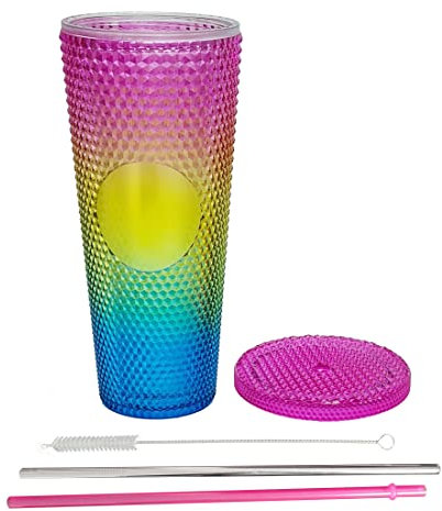 Studded tumlarkopp med sugrörslock anpassa dubbelvägg för is kaffe vatten slush smoothies hemmabio din favorit sommardrycker för barn tonåringar vuxna 710 ml (gradient)
