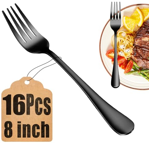 Tafelgabel-Set, Edelstahl, Besteckgabel, Besteckgabel, Metallgabel für Zuhause, Küche oder Restaurant, hochglanzpoliert, spülmaschinenfest, 20,3 cm, Schwarz, 16-teilig