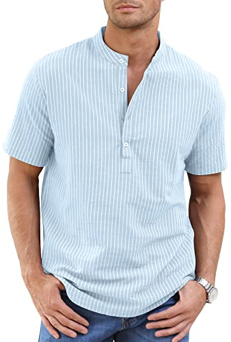CTU Mens Linen Shirts Casual Cotton Henley Neck Striped Shirt Summer Short Sleeve Shirts Blue 3XL