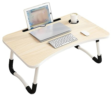 Holdfiturn Laptop Bed Table Laptop Tray Lap Tray Breakfast Foldable Bed Tray Portable Lap Table With Handle Cup Holder Notebook Stand for Bed and Sofa Reading Writing Working Beige