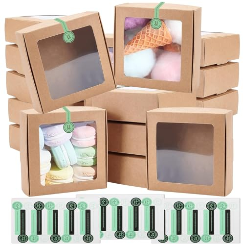 Kraftpapier Box mit Sichtfenster, 24 Stück Brown Kraft Paper Boxes, Keksschachtel, Cupcake Boxen, Kleine Schachteln für Schmuck Speicher Display, Weihnachten, Hochzeit, Valentinstag, 9,5x9.5x3.5cm