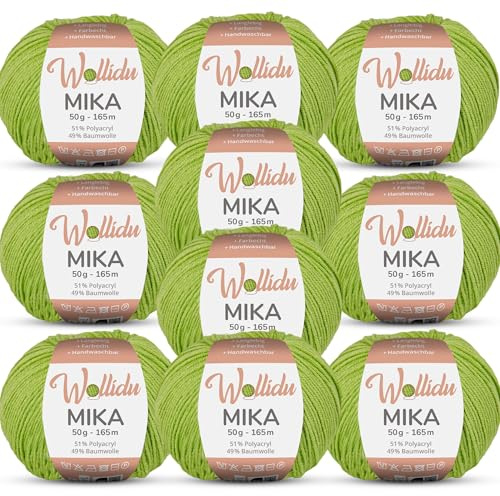 Wollidu Mika 51 % polyakryl, 49 % bomull för virkning och stickning 10 x 50 g/165 m Oeko-Tex stickgarn virkgarn – pistaschgrön