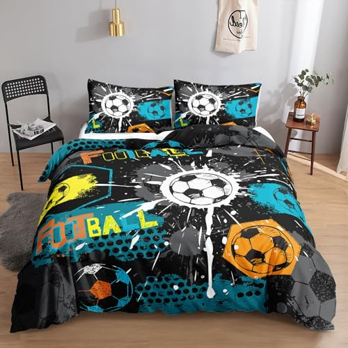 HOSIMA Fußball-Bettwäsche-Set für Jungen und Mädchen, Trendiger, Cooler Graffiti-Cartoon-Fußball-Druck, Bettbezug mit 2 Kissenbezügen (Graffiti-Fußball S)