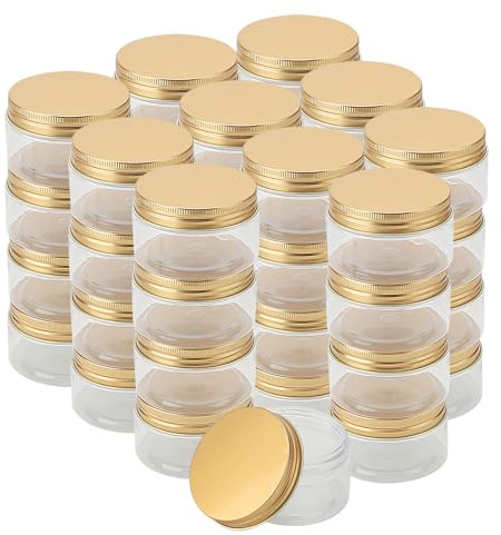 LEXININ Lot de 40 bocaux en plastique de 100 ml avec couvercles dorés, petits récipients en plastique à large ouverture pour épices, céréales